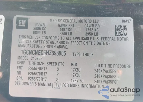 2017 Chevrolet Silverado 1500 Wt из США, поврежденный, VIN 1GCNCNEC5HZ393806